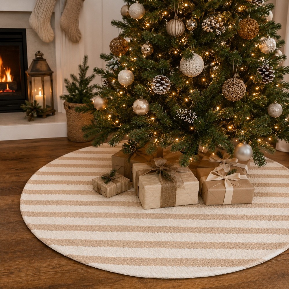 At Home Ty Pennington 48" Christmas Tree Skirt Cream Beige Striped Farmhouse